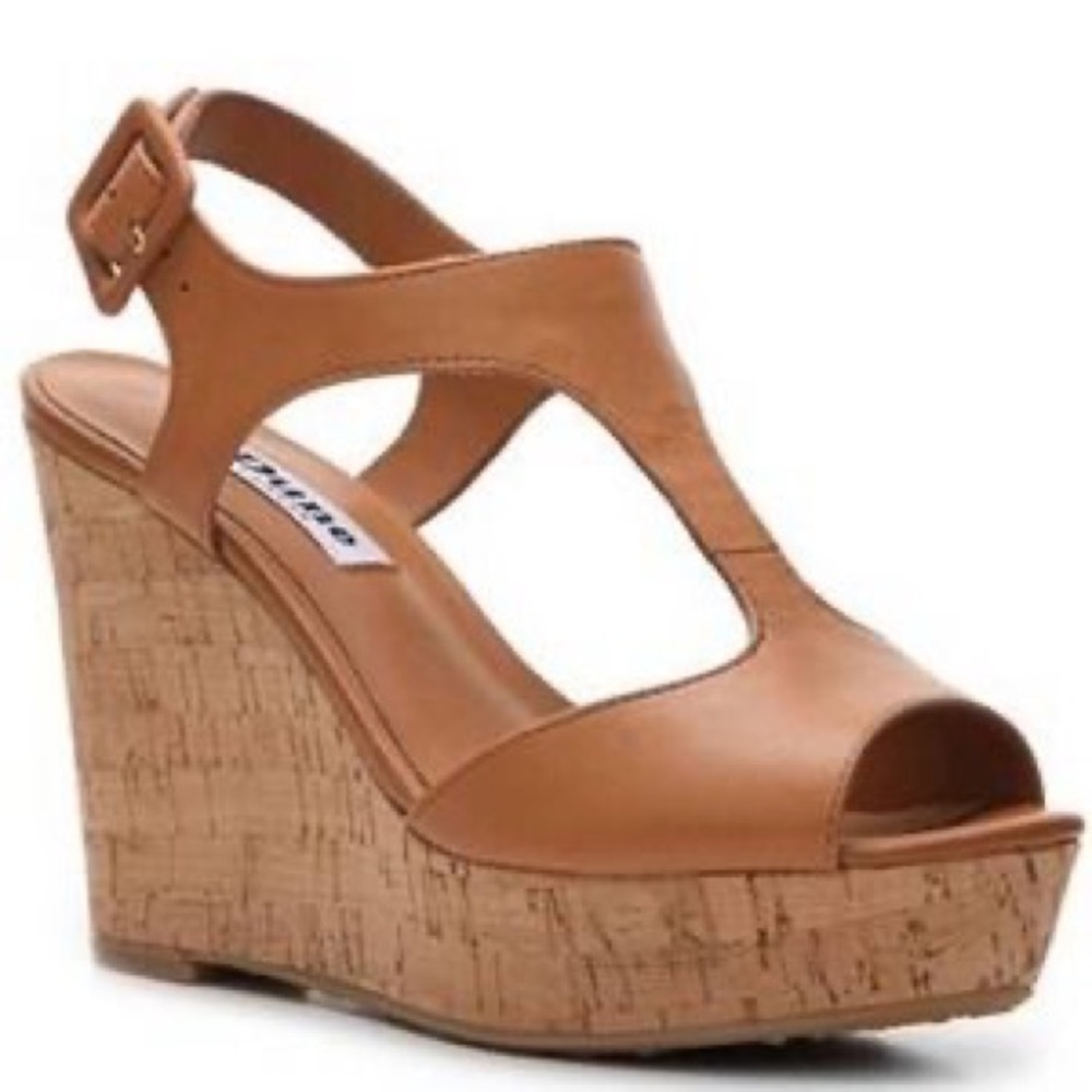 Dune London Tan T-Strap Leather Cork Wedge Sandals, EU Size 40 / US Women’s 9